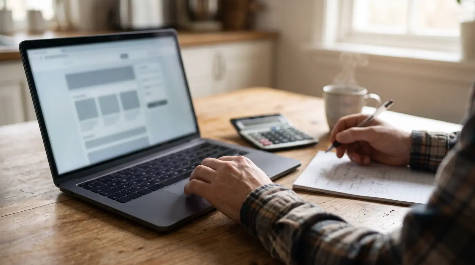 Homeowner's hands comparing roof financing payment options on a laptop with a calculator and notepad