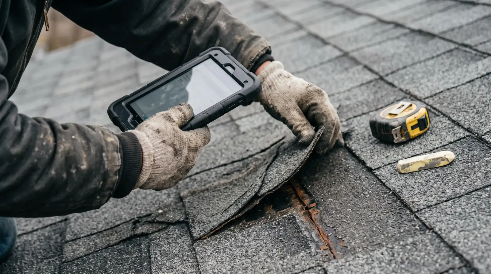 Gloved hands lifting a creased shingle and recording roof damage on a tablet during a roof inspection