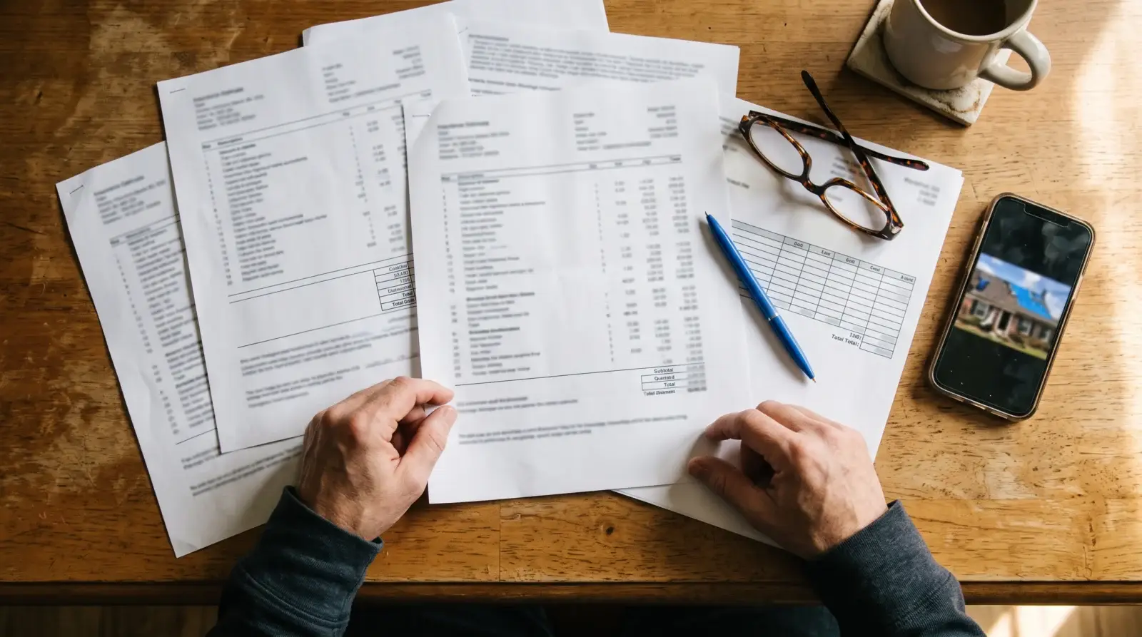 Printed roof insurance claim estimate spread on a table with a pen, glasses, and a phone showing roof damage photos