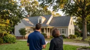 Roofing contractor and homeowner seen from behind, looking at a new architectural shingle roof on a two-story Virginia home
