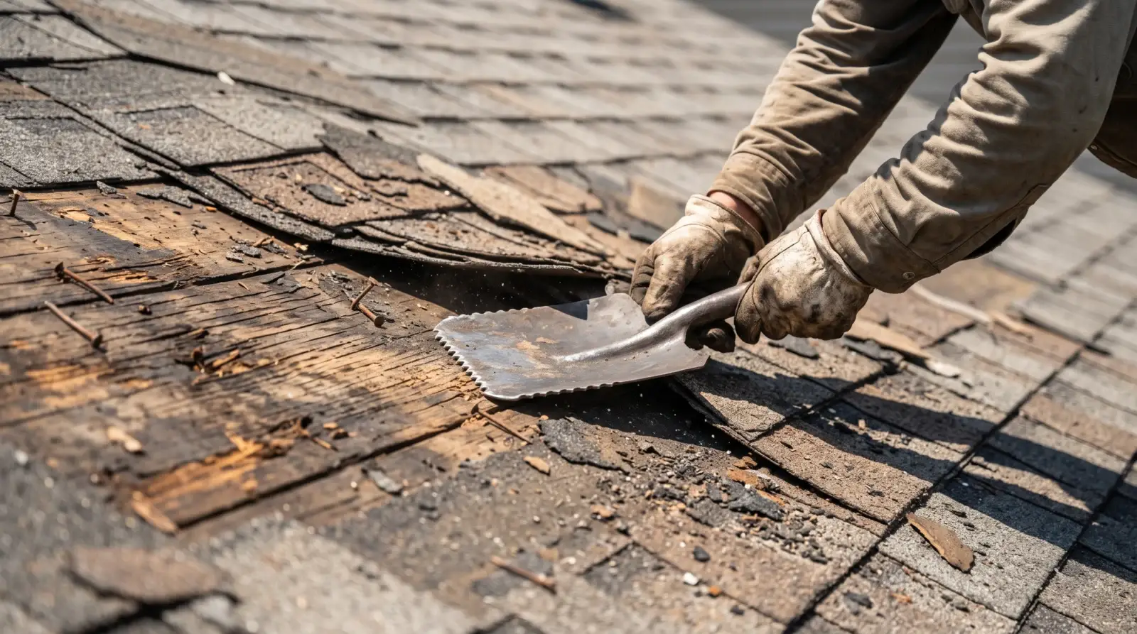 Roofer's gloved hands using a roofing shovel to tear off old asphalt shingles and expose the wood roof decking