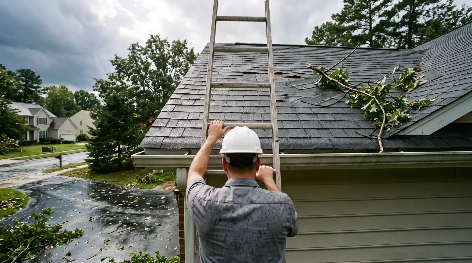 Roofing inspector on a ladder, seen from behind, checking storm damaged shingles on a Virginia home