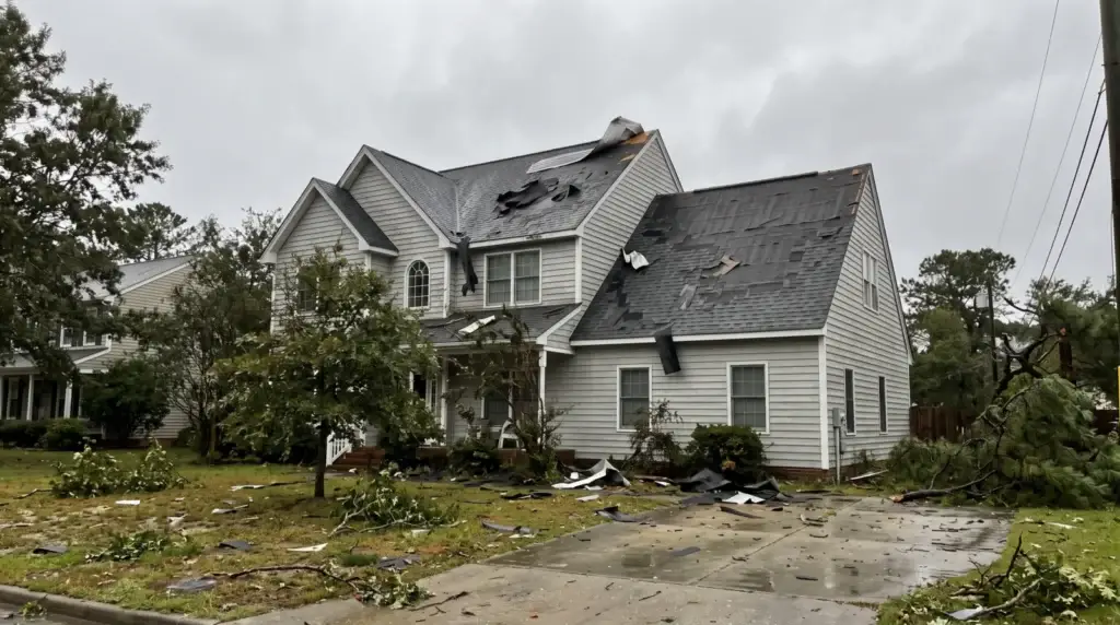 Storm damaged asphalt shingle roof with missing shingles and peeled ridge cap on a Virginia home after a storm