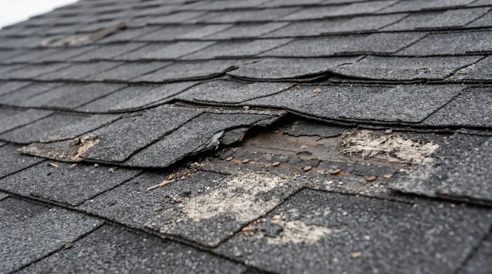 Close up of wind damaged asphalt shingles showing creasing, a torn shingle exposing nail heads, and granule loss